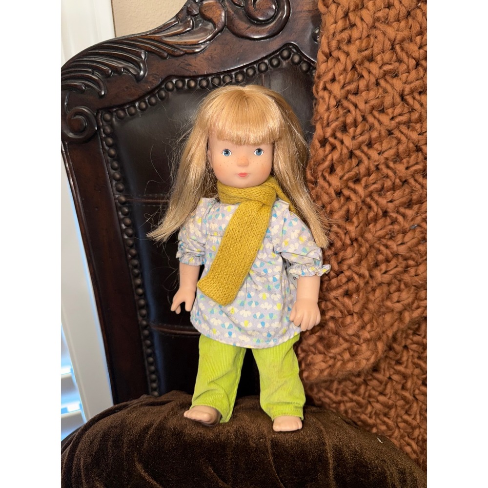 Moulin Roty Les Coquettes Doll Blonde Hair Freckles Floral Tunic Green Pants 10"